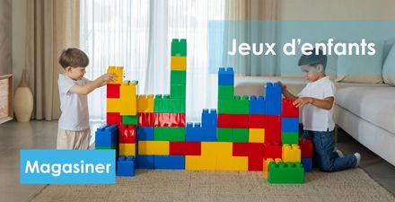 Deux garçons construisant un château avec des blocs avec inscrit Jeux d'enfants et en bas à gauche un bouton Magasiner